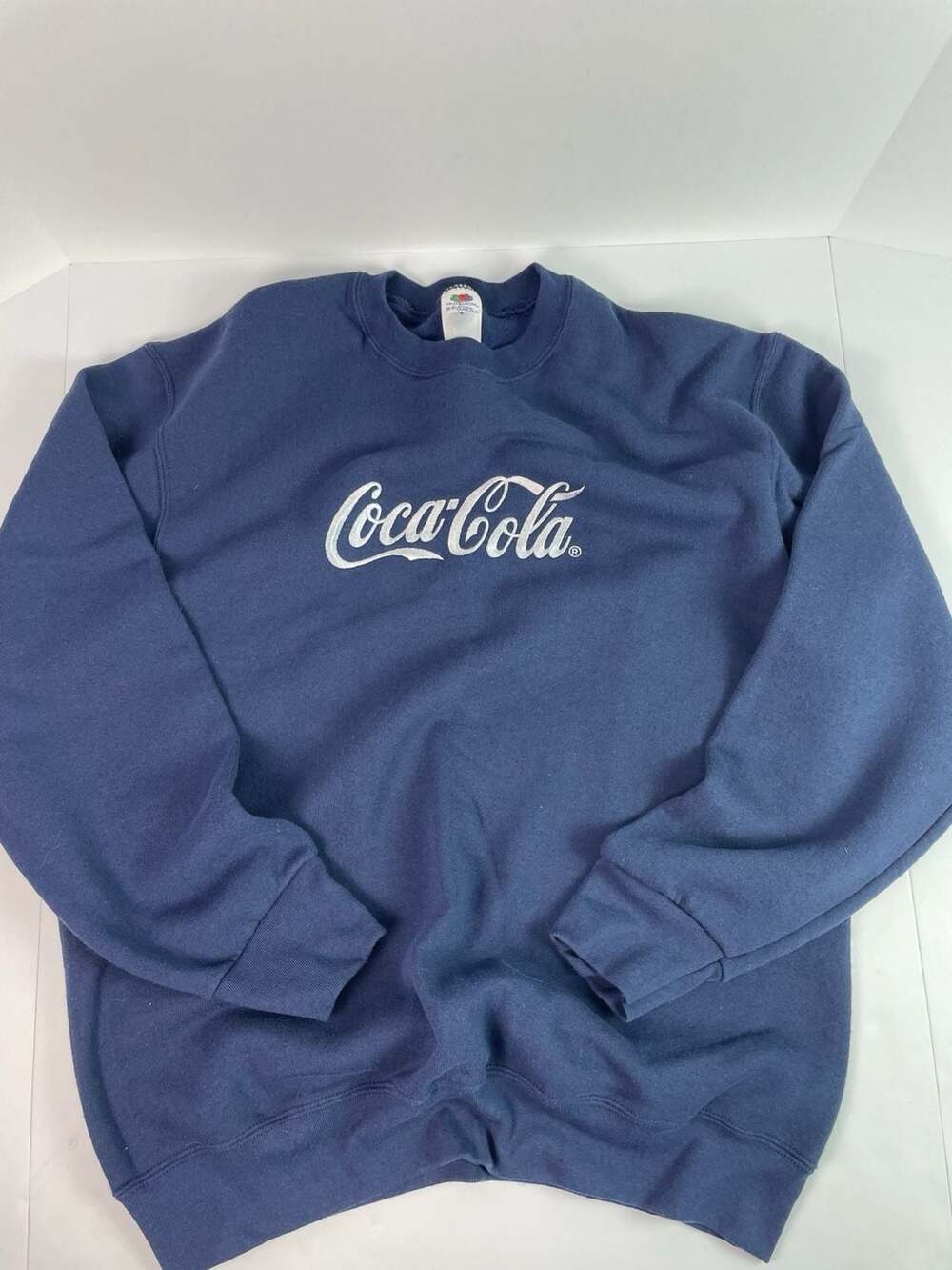 Vintage 90s Coca-Cola Embroidered Spell Out Navy Blue Crewneck Sweatshirt Large